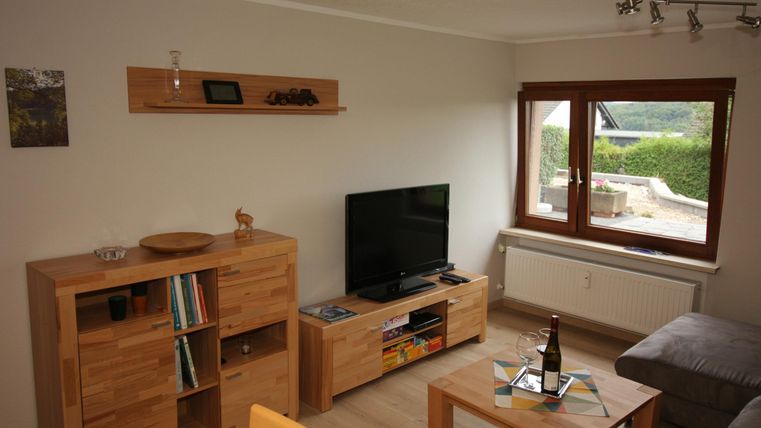 Ein gemütliches Wohnzimmer mit Holzregalen und einem Fernseher. Große Fenster lassen viel Licht herein.