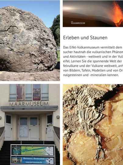 Das Bild zeigt das Maarmuseum mit der Fassade und Informationen zu vulkanischen Phänomenen. Neben einem großen Gesteinsblock sind Eindrücke von Vulkanen und deren Entstehung zu sehen.