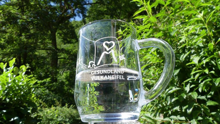 Ein transparenter Krug steht auf einem Stein, umgeben von grünen Pflanzen. Auf dem Krug steht "GESUNDLAND VULKANEIFEL" und ein einfaches Symbol.