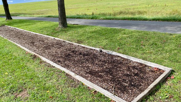 Ein rechteckiges Beet mit Holzrahmen auf einer Wiese, im Hintergrund ein Weg und ein Feld.