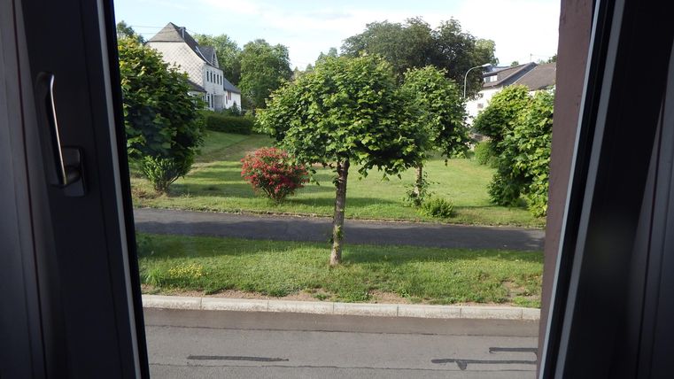 Ein Blick aus einem Fenster auf eine grüne Landschaft mit kleinen Bäumen und einem gepflasterten Weg. Im Hintergrund sind einige Häuser zu sehen.