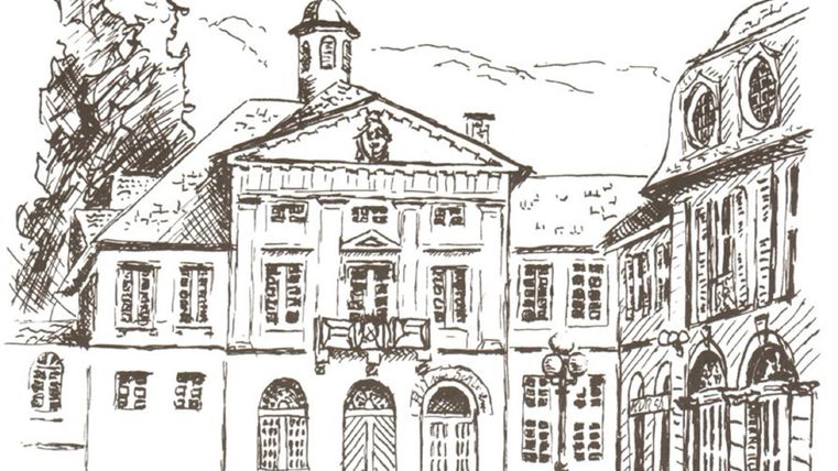 Eine skizzenhafte Darstellung eines historischen Gebäudes mit einer Fassade und einem Türmchen. Daneben ist ein weiteres traditionelles Gebäude, umgeben von Bäumen und einem klaren Himmel.
