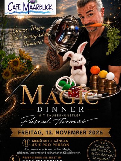 Een magisch diner met goochelaar Pascal Thomas in Café Maarblick. Beleef een onvergetelijke avond vol magie en culinaire heerlijkheden.