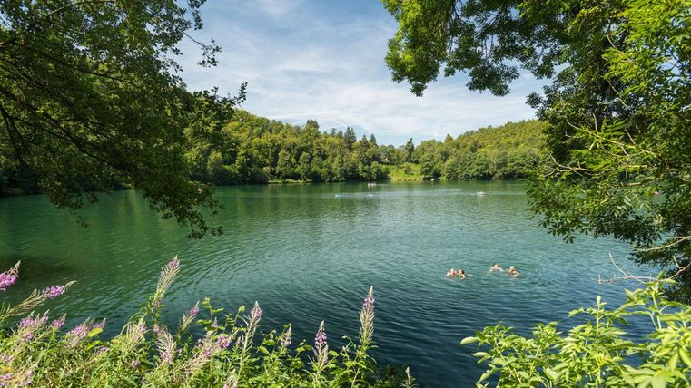 Ein ruhiger See umgeben von grünen Bäumen und bunten Blumen. Einige Personen schwimmen im klaren Wasser.