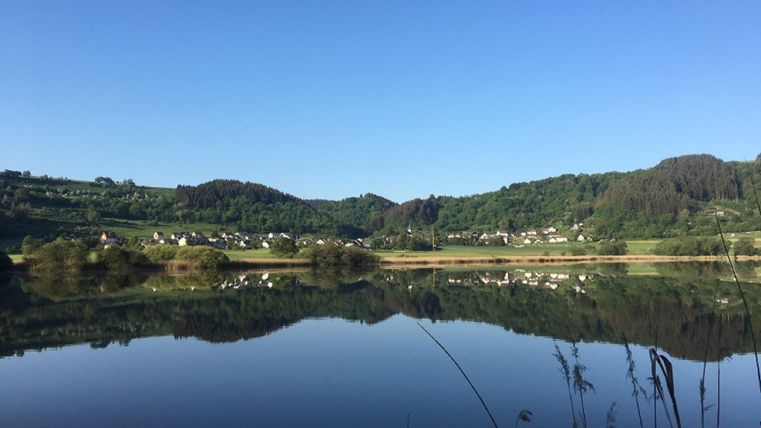 Ein ruhiger See umgeben von sanften Hügeln und dichten Wäldern. Der klare Himmel spiegelt sich im Wasser.