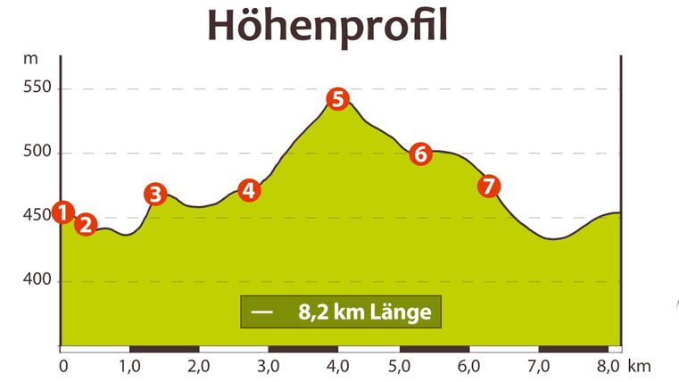 Ein Höhenprofil einer Strecke von 8,2 km zeigt verschiedene Höhenlagen. Die Grafik hebt die Höhenmeter von 400 bis 550 m hervor.