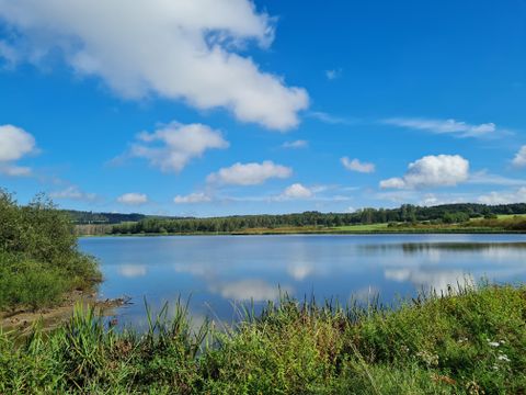 Ein ruhiger See mit klarem Wasser und sanften Wiesenlandschaften. Der Himmel ist blau mit einigen weißen Wolken.