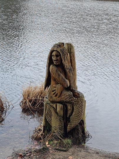 Eine Holzskulptur einer Meerjungfrau sitzt am Ufer eines Gewässers. Der ruhige Hintergrund zeigt Wasser und Gräser.