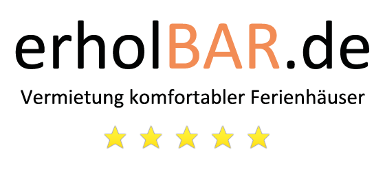 Eine Website für die Vermietung von komfortablen Ferienhäusern. Sie zeigt den Namen "erholBAR.de" und ist mit vier goldenen Sternen bewertet.