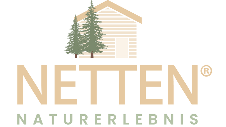 A simple logo with the text "NETTEN" and the subtitle "NATURERLEBNIS". Above are two stylized fir trees and a wooden house depicted.
