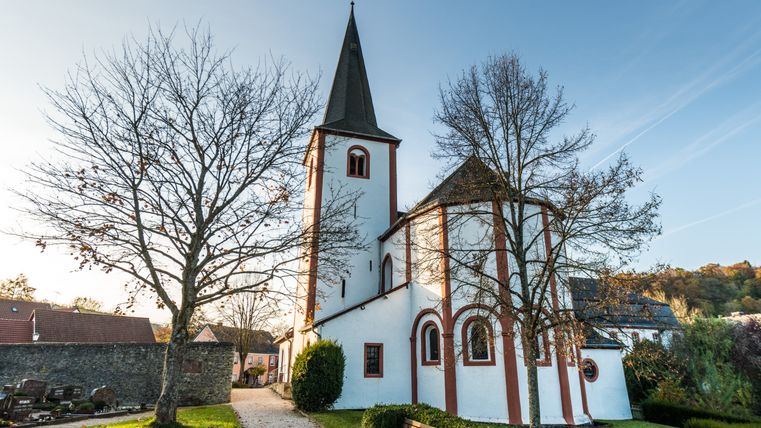 Kloster Niederehe mit weißer Kirche und rotem Turm, umgeben von Bäumen und einem Friedhof.
