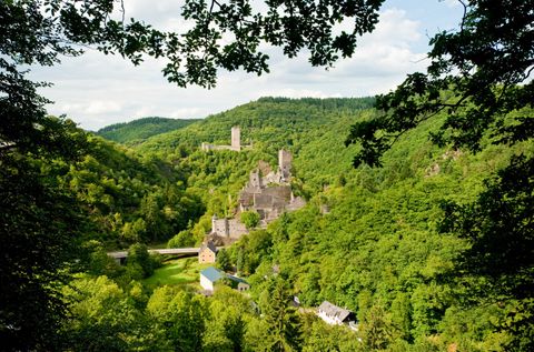 Eine malerische Aussicht auf eine Burgruine, umgeben von grünen Wäldern. Im Hintergrund sind sanfte Hügel und ein klarer Himmel zu sehen.