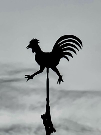 Eine Wetterfahne in Form eines Hahns steht vor einem grauen Himmel. Der Hahn ist silhouettiert und zeigt eine dynamische Pose.
