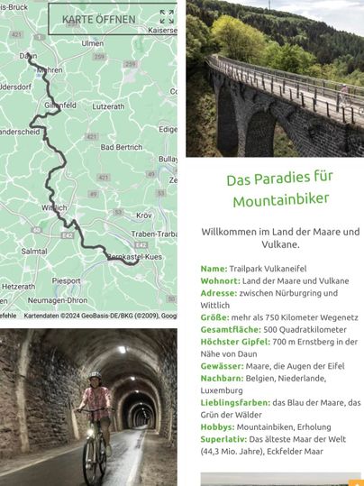 Eine Karte zeigt eine Fahrradtour im Land der Maare und Vulkane, umgeben von Bergen und Wäldern. Die Beschreibung hebt die Möglichkeiten für Mountainbiker hervor.