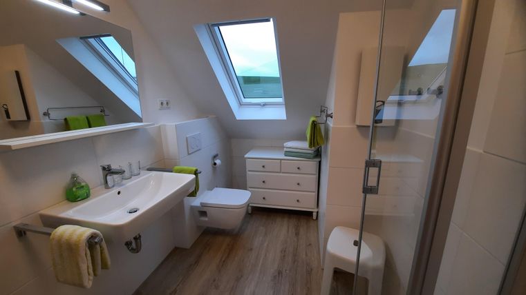 Ein modernes Badezimmer mit einer Duschkabine und einem großen Fenster. Es ist hell und minimalistisch eingerichtet mit Holzfußboden und grünen Akzenten.