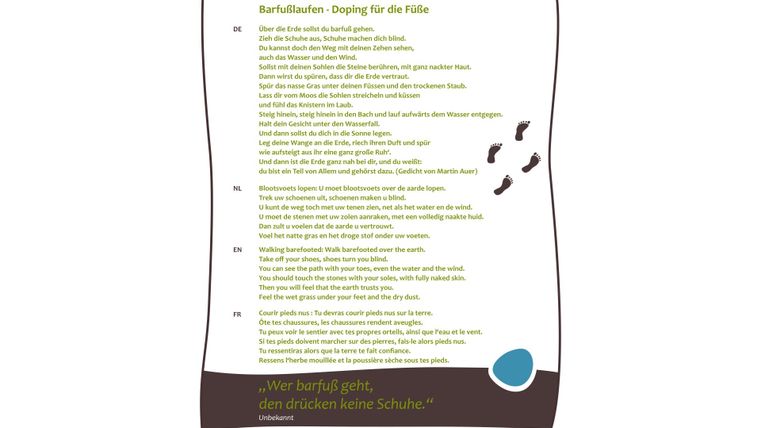 Ein informatives Plakat über einen Barfußbereich mit verschiedenen Tipps für die Füße. Es enthält Anweisungen und Vorteile des Barfußlaufens.