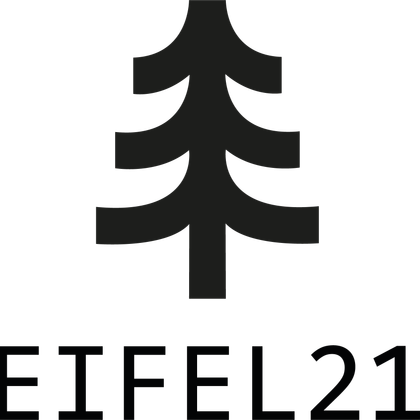 Ein schlichtes Logo mit einem Baum in Schwarz und der Aufschrift "Eifel21" darunter. Das Design ist modern und minimalistisch.