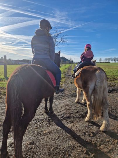 Eine Frau und ein Kind reiten auf Ponys entlang einem Feldweg. Der Himmel ist klar und die Sonne scheint.
