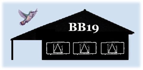 Ein schwarzes Haus mit drei Fenstern und der Aufschrift "BB19". Darüber fliegt ein Kolibri.