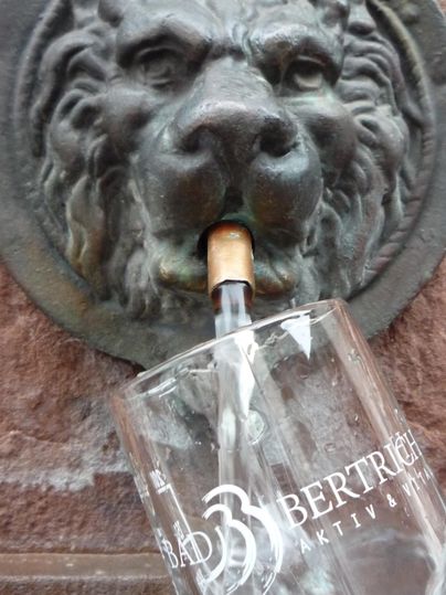Ein markanter Löwenkopf aus Metall, aus dessen Mund Wasser fließt. Vor dem Löwenkopf steht ein Glas mit dem Schriftzug "Bad Bertrich".