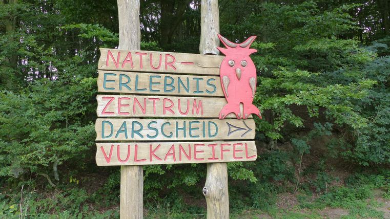 Ein Holzschild mit mehreren Richtungspfeilen und bunten Buchstaben. Es zeigt den Weg zum Naturerlebniszentrum Darscheid in der Vulkaneifel.
