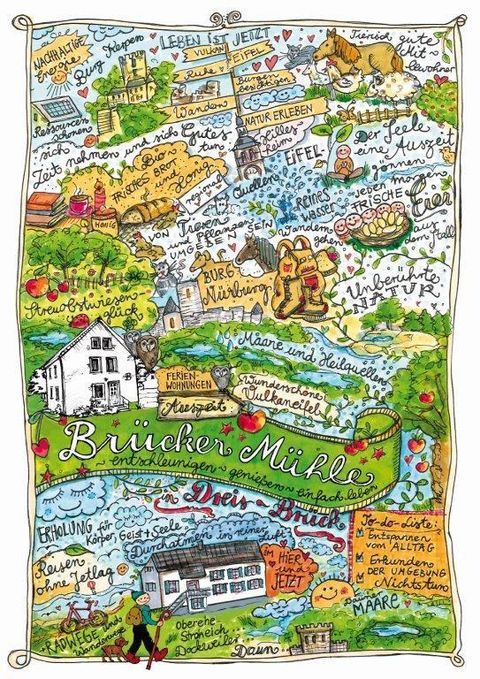 Eine farbenfrohe Illustration einer Region mit verschiedenen Sehenswürdigkeiten und Aktivitäten. Der Text beschreibt die Brücken-Mühle und zeigt eine malerische Landschaft.