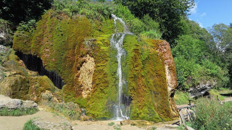 Ein kleiner Wasserfall fließt über eine moosbewachsene Felsformation. Umgeben von üppigem, grünem Pflanzenwuchs und blauem Himmel.