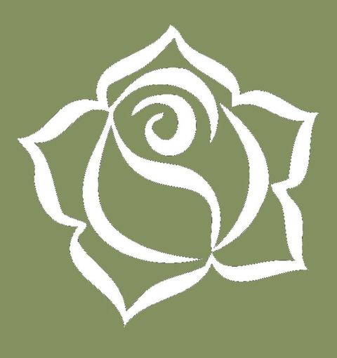 A stylized rose symbol in white on a green background. The design features curved lines and a harmonious shape.