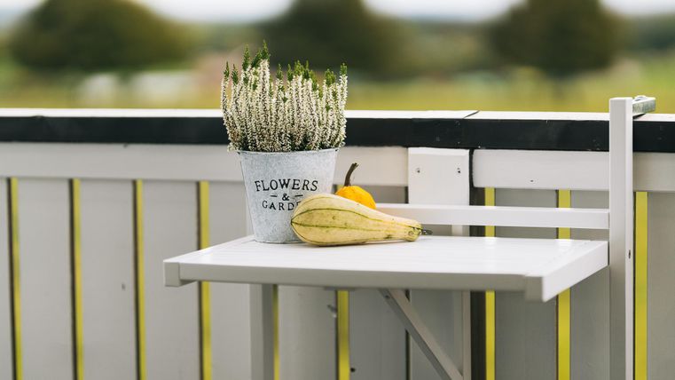 Ein kleiner Tisch auf einem Balkon mit einer Blumenpflanze in einem Blumentopf und einer gelben Banane. Im Hintergrund sind unscharfe Bäume zu sehen.