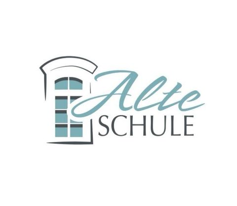 Ein modernes Logo mit der Aufschrift "Alte Schule". Es enthält eine stilisierte Fensterillustration und eine elegante Schriftart.