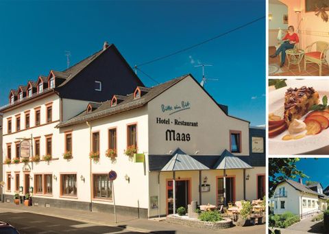 Ein einladendes Hotel mit Restaurant, umgeben von schöner Landschaft. Die Fassade zeigt ein freundliches Gesicht und lädt zum Verweilen ein.