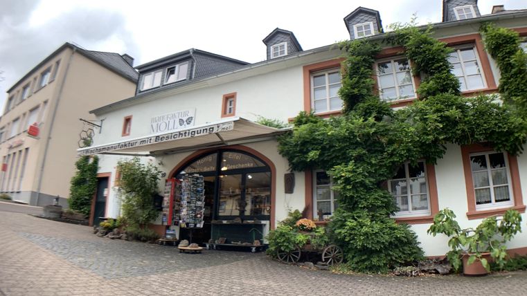 Ein gemütliches Geschäft mit einer einladenden Fassade, umgeben von begrünten Pflanzen. Die Straße ist gepflastert und es ist bewölkt.