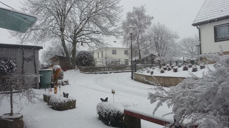 Eine verschneite Landschaft mit Häusern im Hintergrund. Die Straße und der Garten sind komplett mit Schnee bedeckt.