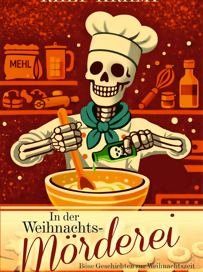 Ein schelmischer Skelettkoch bereitet im Weihnachtsstil eine Mischung in einer großen Schüssel vor. Um ihn herum befinden sich Zutaten und Utensilien für das Backen von Plätzchen.