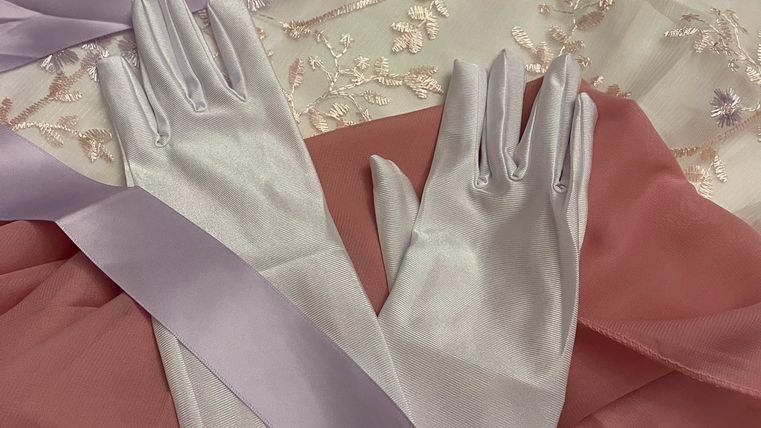 Elegante, silberne Handschuhe liegen auf einem zarten, rosa Stoff. Im Hintergrund sind feine Details eines hellen, gestickten Materials zu sehen.