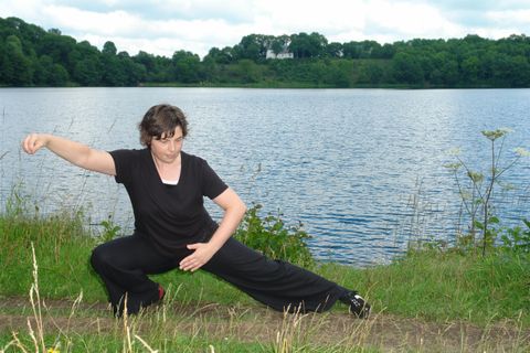 Eine Person in schwarzer Kleidung führt eine Tai-Chi-Übung am Ufer eines Sees aus. Im Hintergrund sind Bäume und ein bewölkter Himmel sichtbar.