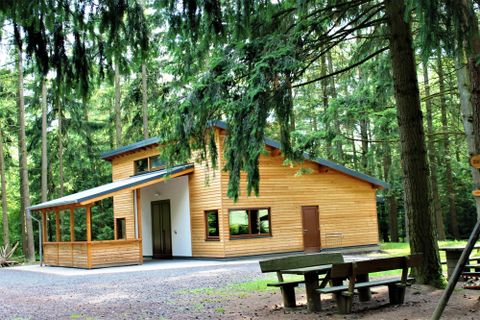 Ein modernes Holzhaus in einem Waldgebiet. Vor dem Haus stehen Bänke und Tische, umgeben von hohen Bäumen.