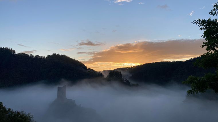 Eine ruhige Landschaft mit einer Burg, die aus dem Nebel ragt. Der Himmel ist bei Sonnenaufgang in sanften Farben erleuchtet.