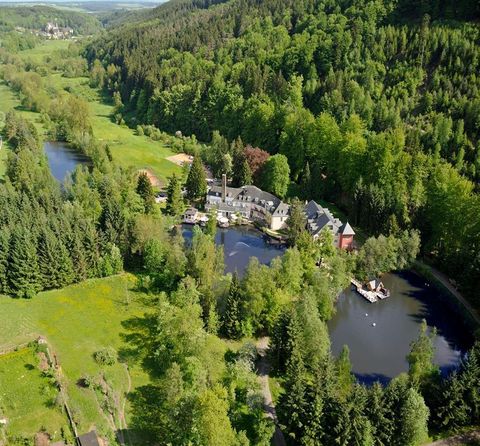 Eine malerische Landschaft mit Flüssen und üppigen Wäldern. Im Mittelpunkt befindet sich ein hübsches Anwesen mit Teich und Boot.