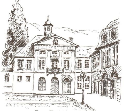 Eine detaillierte Zeichnung eines historischen Gebäudes mit zwei charakteristischen Fassaden. Im Hintergrund sind Bäume und ein Himmel sichtbar.