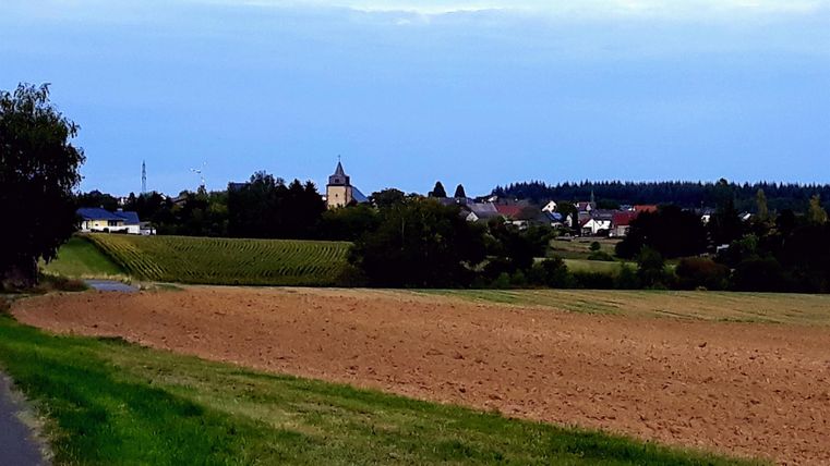Eine ländliche Landschaft mit einem Feld und einem kleinen Dorf im Hintergrund. Der Himmel ist bewölkt und die Umgebung wirkt ruhig und malerisch.