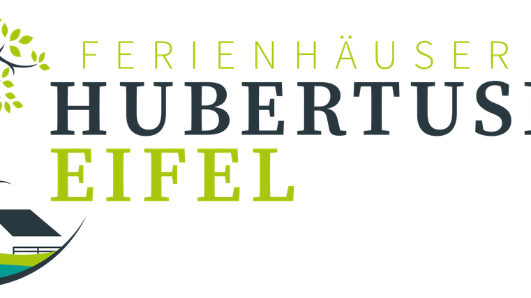 Ein modernes Logo für Ferienhäuser in der Eifel. Es zeigt eine stilisierte Baumgrafik mit einem Haus und einem grünen Landschaftselement.