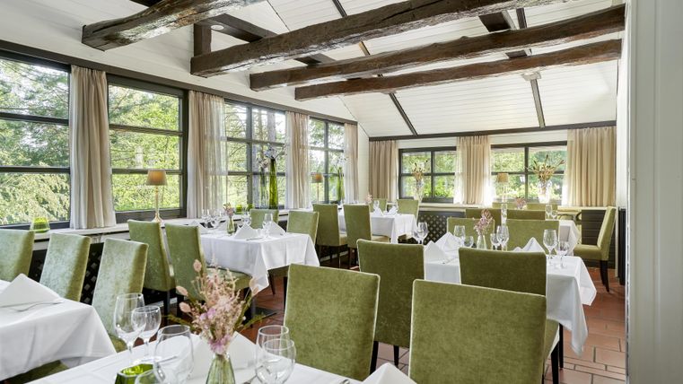 Ein elegantes Restaurant mit grünen Stühlen und schön eingedeckten Tischen. Große Fenster lassen viel Tageslicht herein und bieten einen Blick ins Freie.