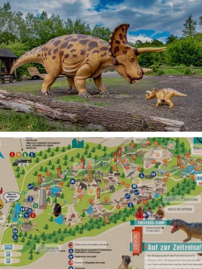 Ein Dinosaurier-Modell steht neben einem kleinen Dinosaurier. Im Hintergrund ist eine Karte eines Themenparks zu sehen.