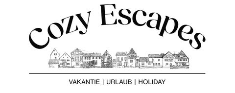 Eine stilisierte Darstellung von Häusern unter dem Schriftzug „Cozy Escapes“. Der Text betont Themen wie Urlaub und Erholung.