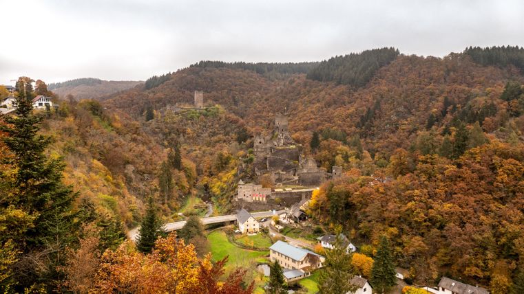 Eine malerische Landschaft mit herbstlichen Wäldern und einem kleinen Dorf im Tal. Im Hintergrund sind Hügel und Ruinen einer alten Burg zu sehen.