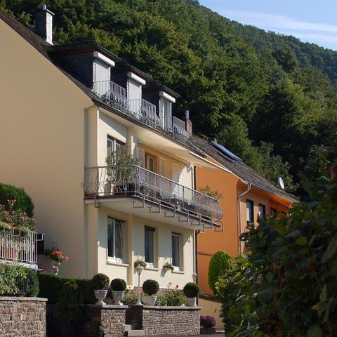 Ein farbenfrohes Wohngebäude mit Balkonen, umgeben von Bäumen. Im Hintergrund sind sanfte Hügel zu sehen.