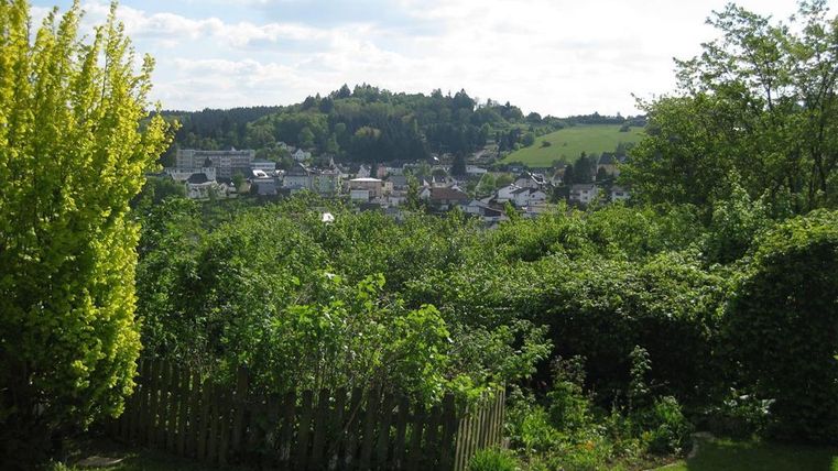Eine grüne Landschaft mit einem Blick auf ein kleines Dorf und sanfte Hügel im Hintergrund. Das Bild zeigt eine ruhige, naturnahe Umgebung.