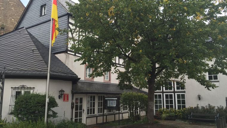 Ein gemütliches Gebäude mit einem großen Baum im Vordergrund. An der Fassade hängt eine Flagge.