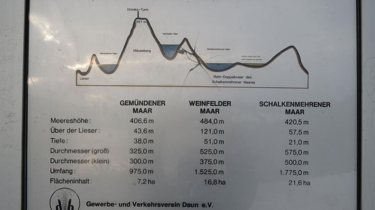 Eine Informationstafel über verschiedene Maare mit Diagramm und Daten. Die wichtigsten Maße und Tiefen der Maare sind aufgeführt.